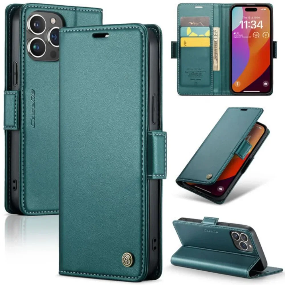 CaseMe 023 For iPhone 15 Pro Max Retro PU Leather Wallet Case Butterfly Buckle w